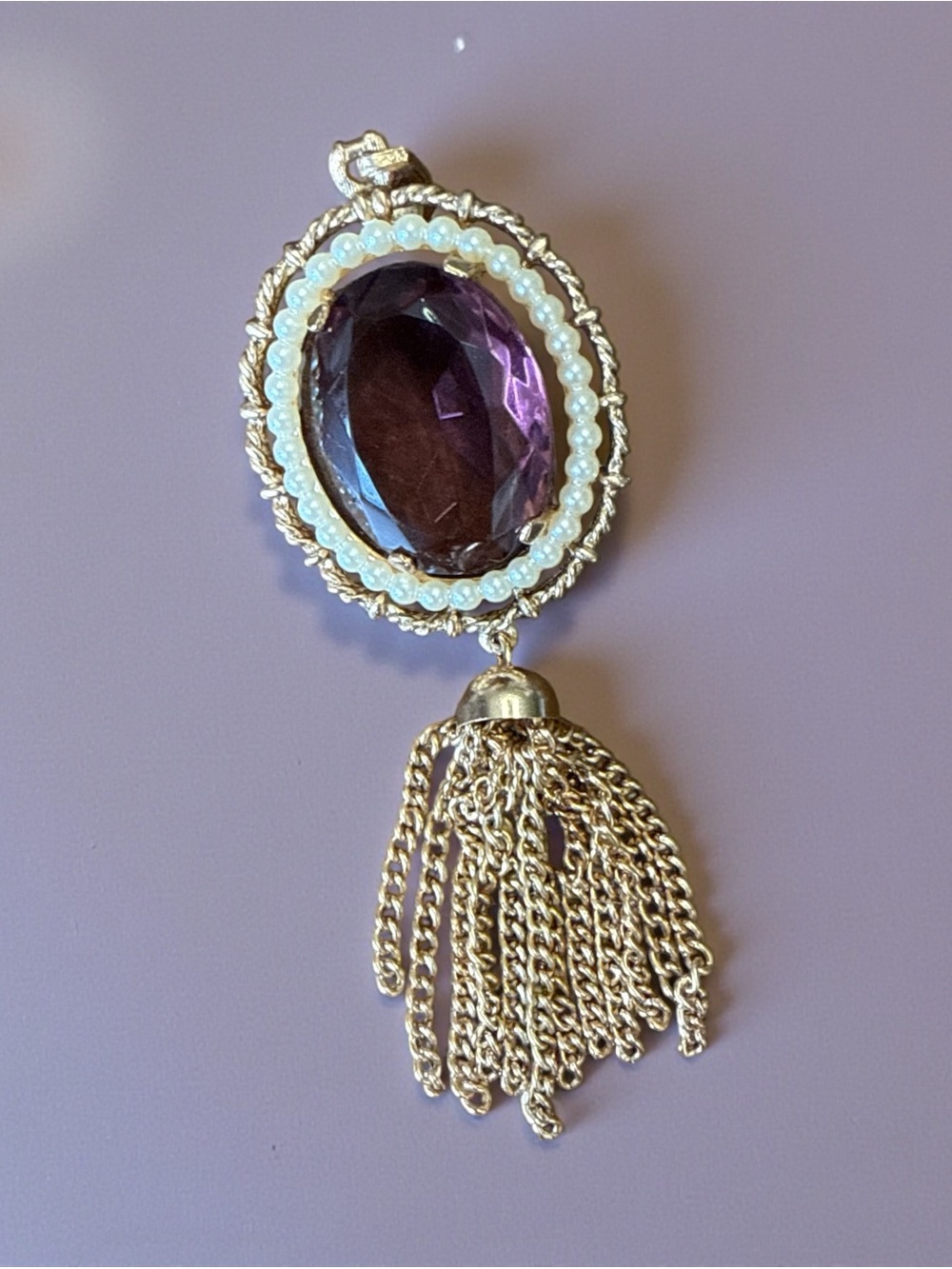 Vintage Avon 1970s Renaissance Faux Amethyst Pearl Tassel Pendant ONLY